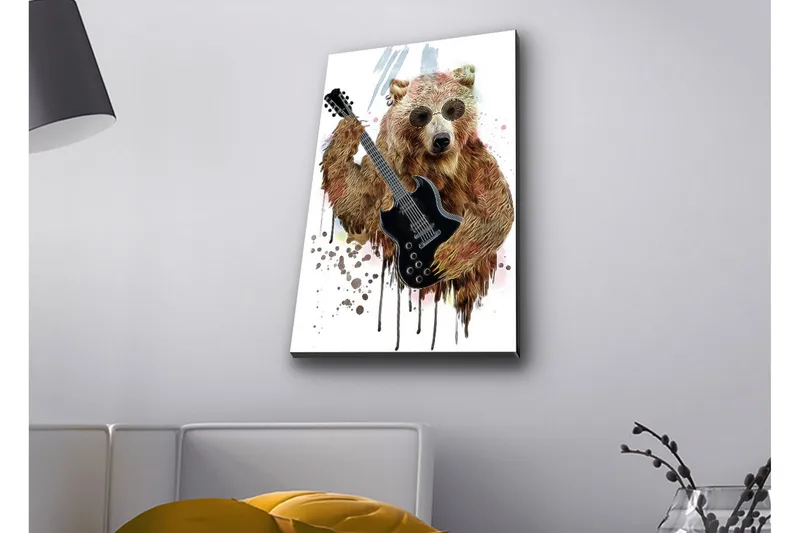 Lærredsbillede med LED-belysning - Bjørn spiller elektrisk guitar med solbriller - Brun / Sort / Beige - Boligtilbehør - Billeder & kunst - Billeder på lærred