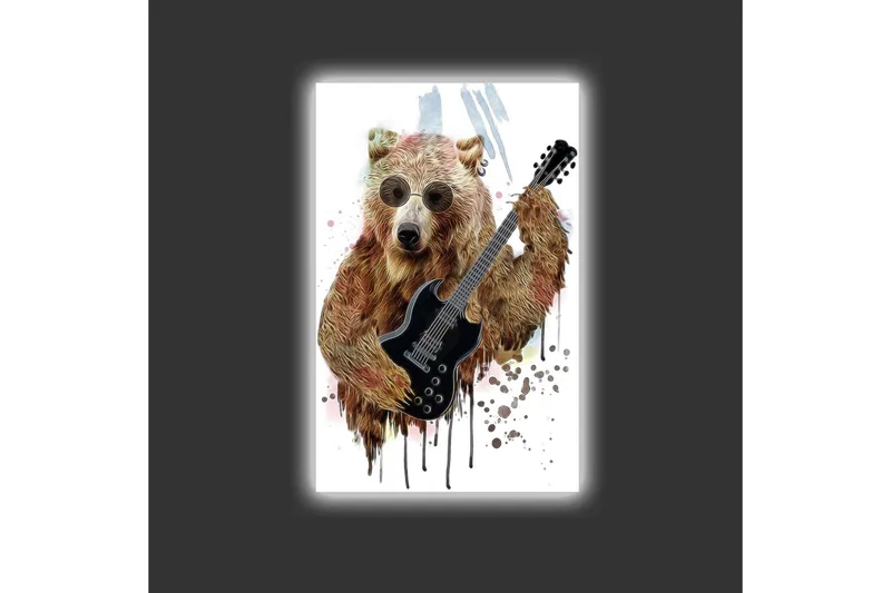 Lærredsbillede med LED-belysning - Bjørn spiller elektrisk guitar med solbriller - Brun / Sort / Beige - Boligtilbehør - Billeder & kunst - Billeder på lærred