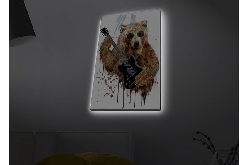 Lærredsbillede med LED-belysning - Bjørn spiller elektrisk guitar med solbriller, Brun / Sort / Beige