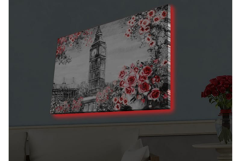 Lærredsbillede med LED-belysning - Blomster i rød nuance med Big Ben i baggrunden - Rød / Grå / Hvid - Boligtilbehør - Billeder & kunst - Billeder på lærred