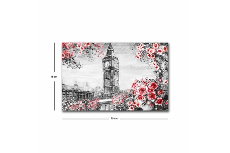 Lærredsbillede med LED-belysning - Blomster i rød nuance med Big Ben i baggrunden - Rød / Grå / Hvid - Boligtilbehør - Billeder & kunst - Billeder på lærred