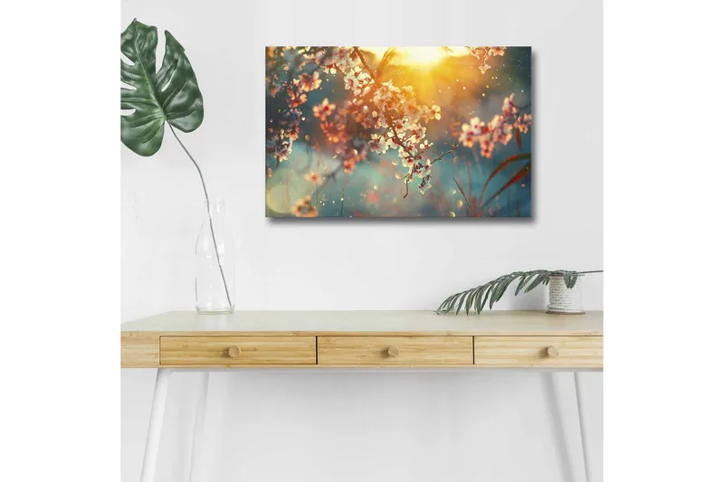 Lærredsbillede med LED-belysning - Blomstrende grene i blødt lys, Lyserød / Blå / Guld