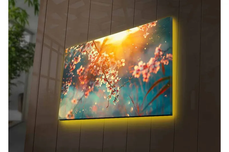 Lærredsbillede med LED-belysning - Blomstrende grene i blødt lys - Lyserød / Blå / Guld - Boligtilbehør - Billeder & kunst - Billeder på lærred