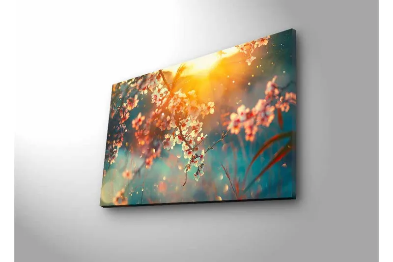 Lærredsbillede med LED-belysning - Blomstrende grene i blødt lys - Lyserød / Blå / Guld - Boligtilbehør - Billeder & kunst - Billeder på lærred