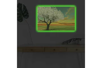 Lærredsbillede med LED-belysning - Blomstrende træer ved solnedgang - Grøn / Hvid / Orange - Boligtilbehør - Billeder & kunst - Billeder på lærred