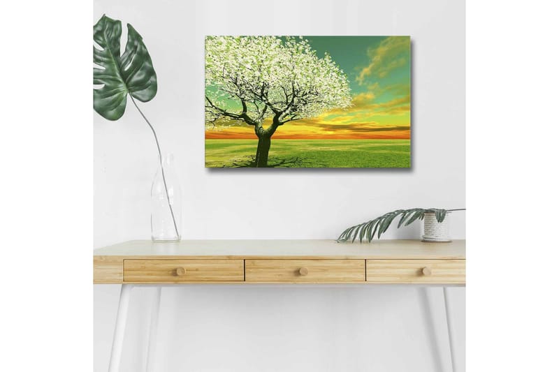 Lærredsbillede med LED-belysning - Blomstrende træer ved solnedgang - Grøn / Hvid / Orange - Boligtilbehør - Billeder & kunst - Billeder på lærred