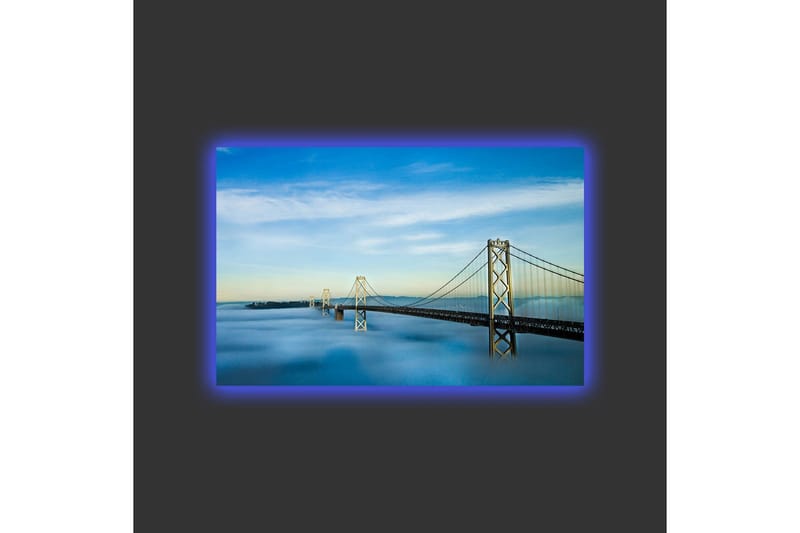 Lærredsbillede med LED-belysning - Bro over tåget vandoverflade med en klar himmel - Blå / Grå / Hvid - Boligtilbehør - Billeder & kunst - Billeder på lærred