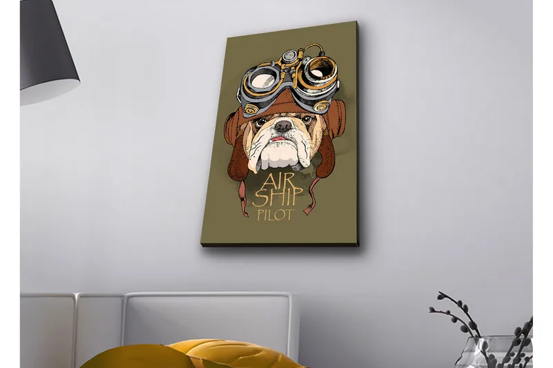 Lærredsbillede med LED-belysning - Bulldog i pilotudstyr med beskyttelsesbriller, Grøn / Brun / Hvid