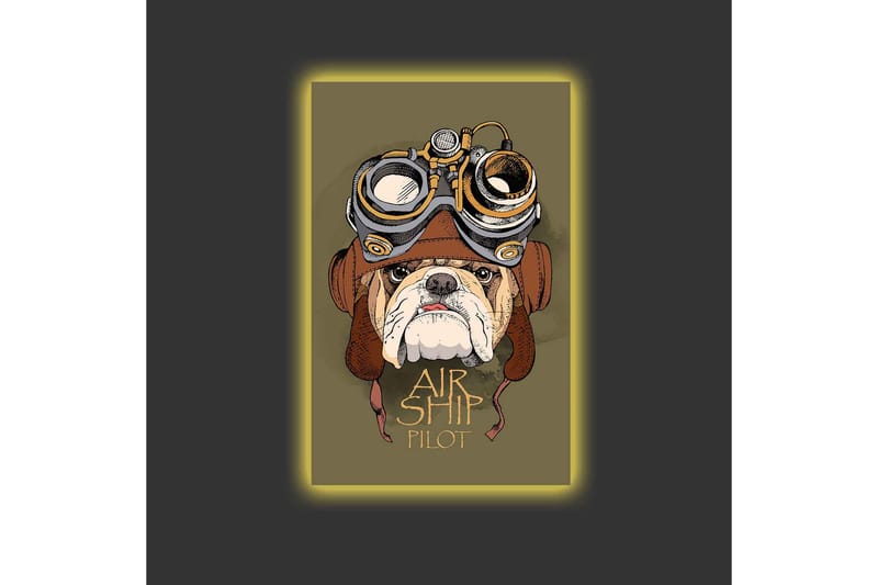 Lærredsbillede med LED-belysning - Bulldog i pilotudstyr med beskyttelsesbriller - Grøn / Brun / Hvid - Boligtilbehør - Billeder & kunst - Billeder på lærred