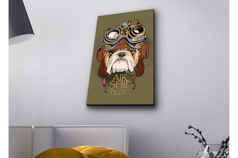 Lærredsbillede med LED-belysning - Bulldog i pilotudstyr med beskyttelsesbriller, Grøn / Brun / Hvid