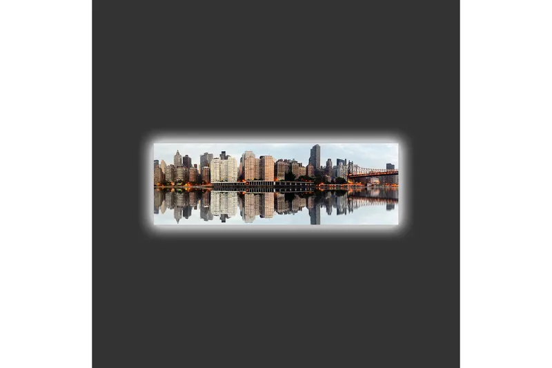 Lærredsbillede med LED-belysning - Byens skyline med refleksioner i vandet - Grå / Beige / Orange - Boligtilbehør - Billeder & kunst - Billeder på lærred