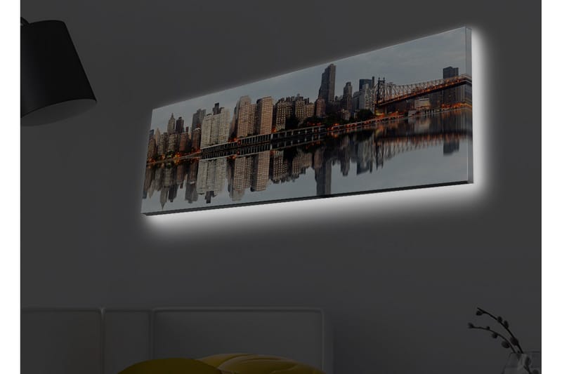 Lærredsbillede med LED-belysning - Byens skyline med refleksioner i vandet - Grå / Beige / Orange - Boligtilbehør - Billeder & kunst - Billeder på lærred