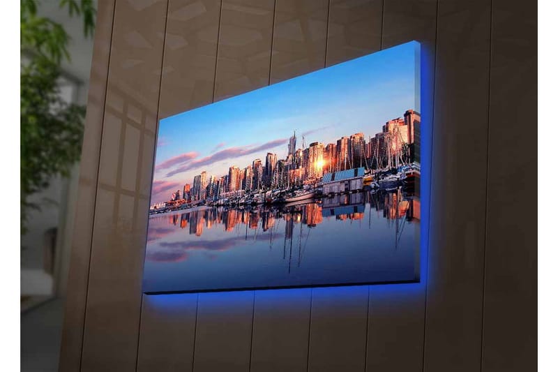 Lærredsbillede med LED-belysning - Byens skyline ved solnedgang med refleksioner i vandet - Blå / Orange / Lilla - Boligtilbehør - Billeder & kunst - Billeder på lærred