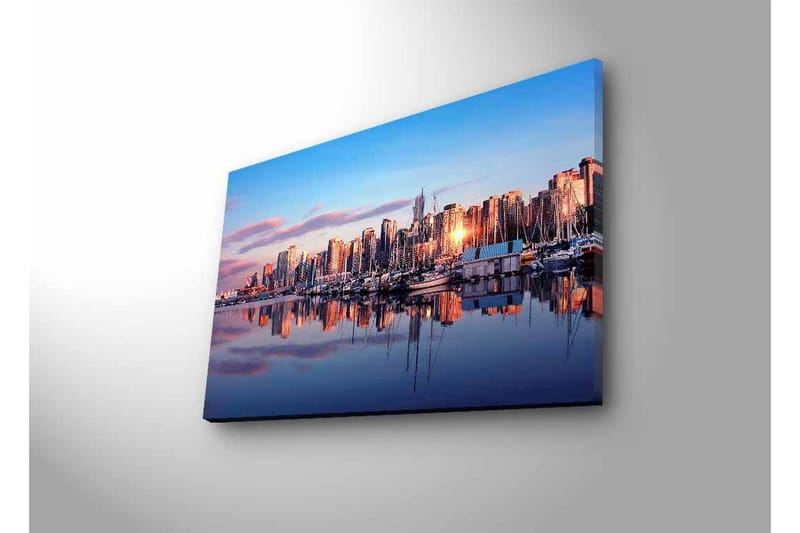 Lærredsbillede med LED-belysning - Byens skyline ved solnedgang med refleksioner i vandet - Blå / Orange / Lilla - Boligtilbehør - Billeder & kunst - Billeder på lærred