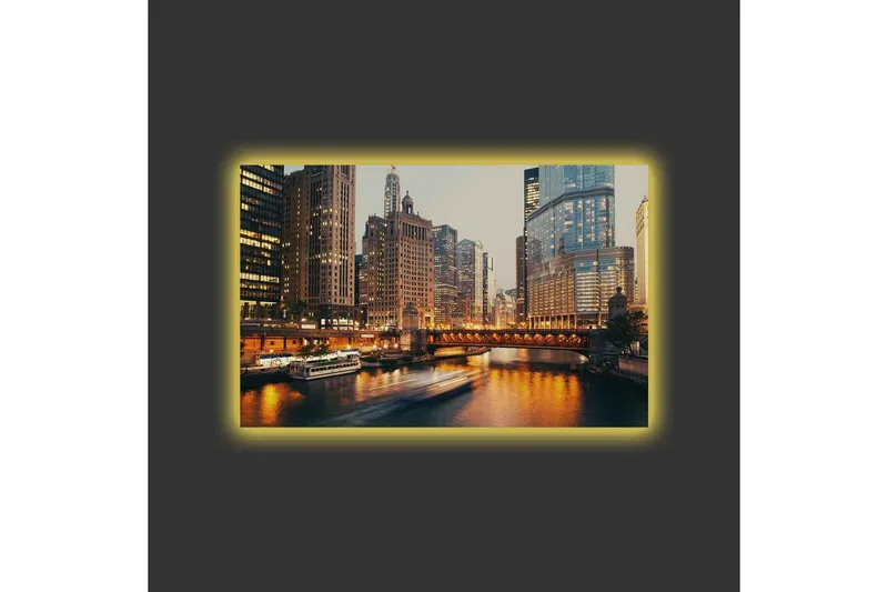 Lærredsbillede med LED-belysning - Bylandskab med skyskrabere ved en flod i skumringen - Guld / Blå / Grå - Boligtilbehør - Billeder & kunst - Billeder på lærred