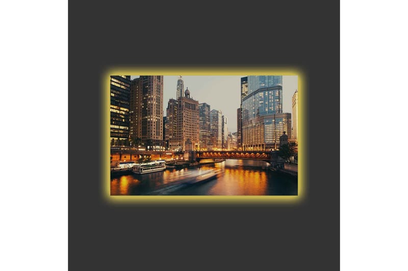 Lærredsbillede med LED-belysning - Bylandskab med skyskrabere ved en flod i skumringen - Guld / Blå / Grå - Boligtilbehør - Billeder & kunst - Billeder på lærred