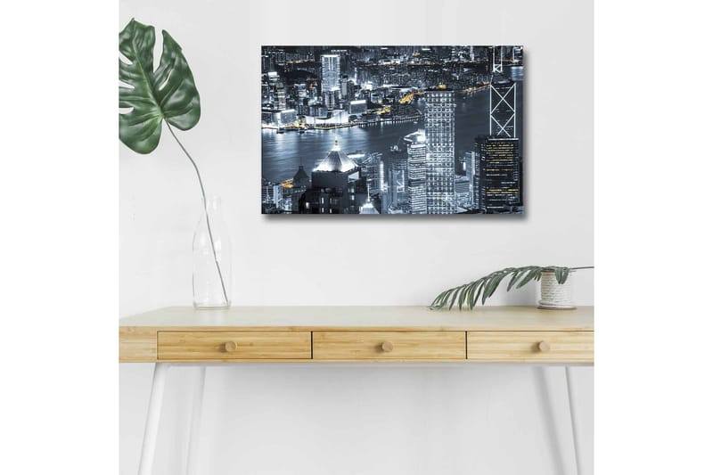 Lærredsbillede med LED-belysning - Bysilhuet af en natlig skyline med lysrefleksioner i vandet - Sort / Grå / Hvid - Boligtilbehør - Billeder & kunst - Billeder på lærred