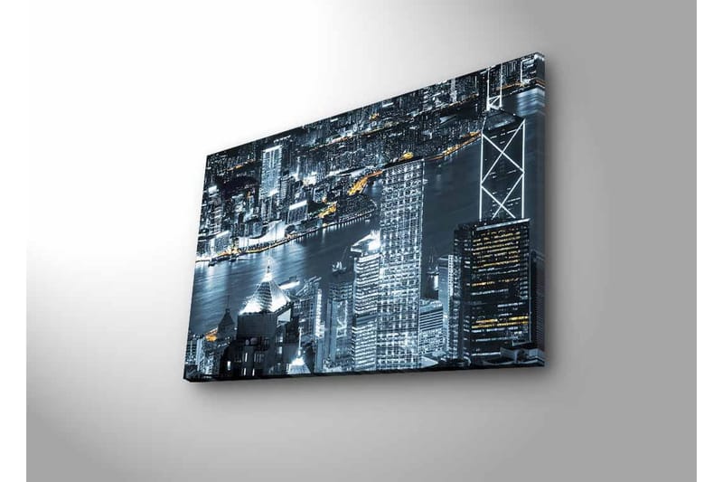 Lærredsbillede med LED-belysning - Bysilhuet af en natlig skyline med lysrefleksioner i vandet - Sort / Grå / Hvid - Boligtilbehør - Billeder & kunst - Billeder på lærred