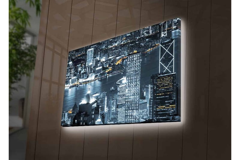 Lærredsbillede med LED-belysning - Bysilhuet af en natlig skyline med lysrefleksioner i vandet - Sort / Grå / Hvid - Boligtilbehør - Billeder & kunst - Billeder på lærred