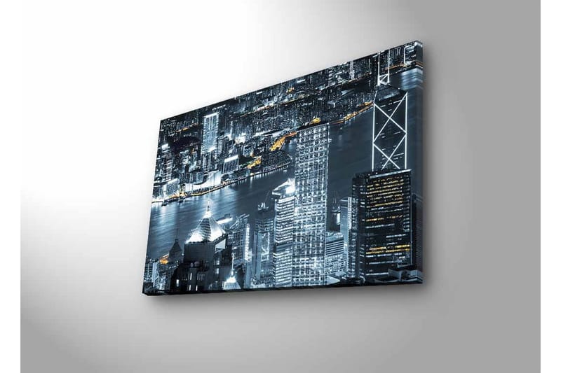 Lærredsbillede med LED-belysning - Bysilhuet af en natlig skyline med lysrefleksioner i vandet - Sort / Grå / Hvid - Boligtilbehør - Billeder & kunst - Billeder på lærred