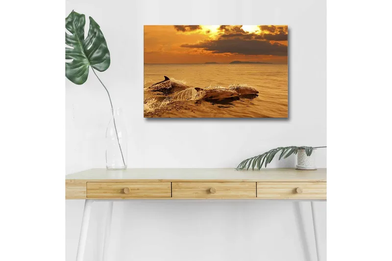 Lærredsbillede med LED-belysning - Delfiner der hopper i solnedgangens glødende lys, Guld / Orange / Brun