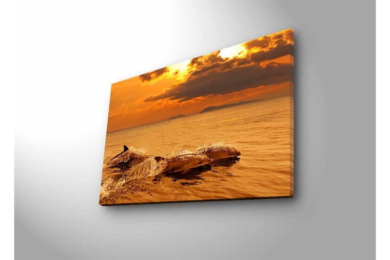 Lærredsbillede med LED-belysning - Delfiner der hopper i solnedgangens glødende lys - Guld / Orange / Brun - Boligtilbehør - Billeder & kunst - Billeder på lærred