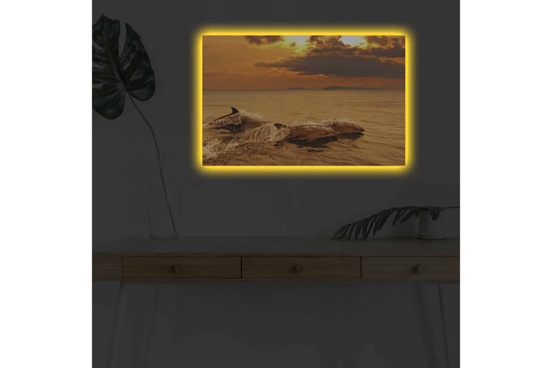 Lærredsbillede med LED-belysning - Delfiner der hopper i solnedgangens glødende lys - Guld / Orange / Brun - Boligtilbehør - Billeder & kunst - Billeder på lærred