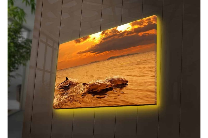 Lærredsbillede med LED-belysning - Delfiner der hopper i solnedgangens glødende lys - Guld / Orange / Brun - Boligtilbehør - Billeder & kunst - Billeder på lærred
