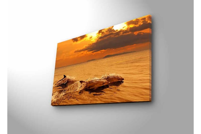 Lærredsbillede med LED-belysning - Delfiner der hopper i solnedgangens glødende lys - Guld / Orange / Brun - Boligtilbehør - Billeder & kunst - Billeder på lærred