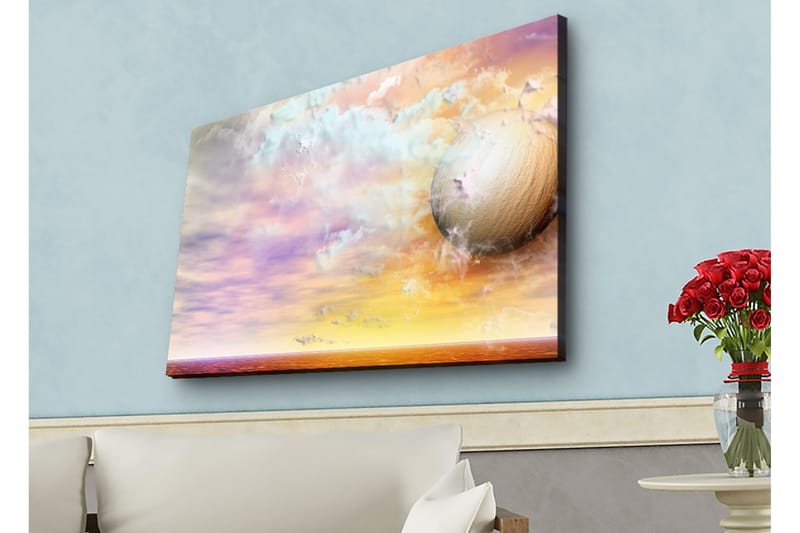 Lærredsbillede med LED-belysning - Drømmeagtigt landskab med en stor planet og farverige skyer, Lilla / Orange / Beige
