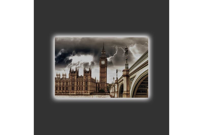 Lærredsbillede med LED-belysning - Dramatisk bybillede med Big Ben og en bro under mørke skyer - Grå / Beige / Mørkebrun - Boligtilbehør - Billeder & kunst - Billeder på lærred