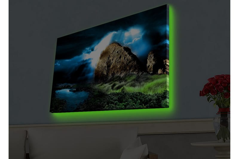 Lærredsbillede med LED-belysning - Dramatisk landskab med klipper og stormfulde skyer, Mørkeblå / Grøn / Sort