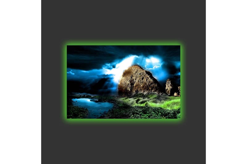 Lærredsbillede med LED-belysning - Dramatisk landskab med klipper og stormfulde skyer - Mørkeblå / Grøn / Sort - Boligtilbehør - Billeder & kunst - Billeder på lærred