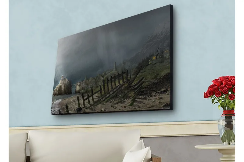 Lærredsbillede med LED-belysning - Dramatisk landskab med stormskyer og en kystlinje, Mørkegrå / Grøn / Brun