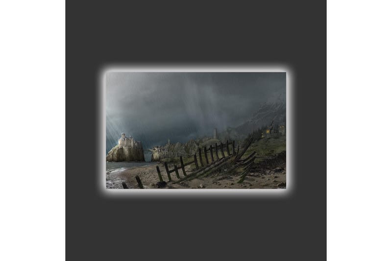 Lærredsbillede med LED-belysning - Dramatisk landskab med stormskyer og en kystlinje - Mørkegrå / Grøn / Brun - Boligtilbehør - Billeder & kunst - Billeder på lærred