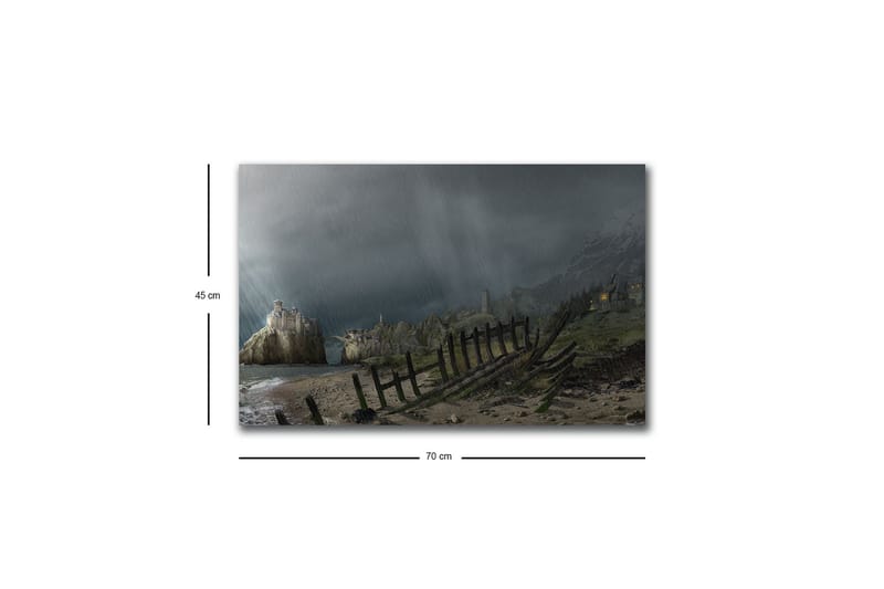 Lærredsbillede med LED-belysning - Dramatisk landskab med stormskyer og en kystlinje - Mørkegrå / Grøn / Brun - Boligtilbehør - Billeder & kunst - Billeder på lærred