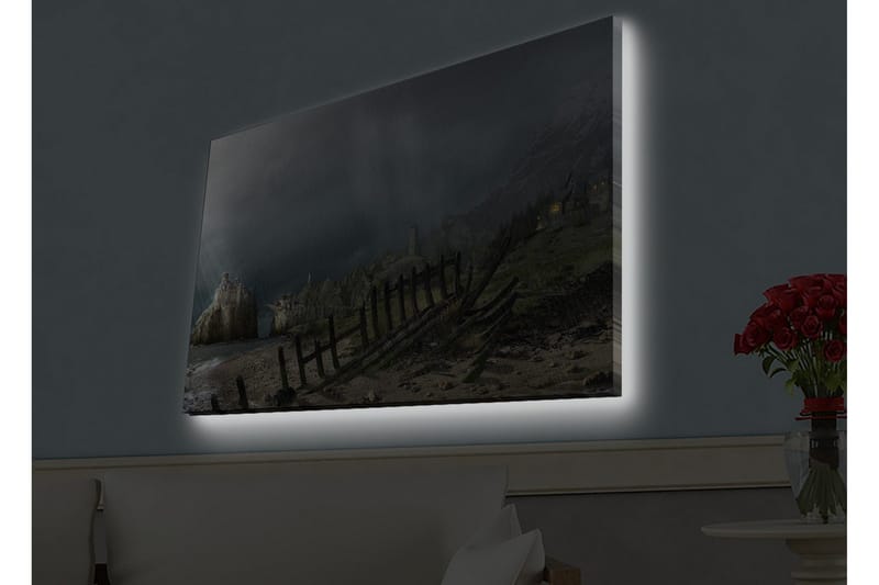 Lærredsbillede med LED-belysning - Dramatisk landskab med stormskyer og en kystlinje - Mørkegrå / Grøn / Brun - Boligtilbehør - Billeder & kunst - Billeder på lærred