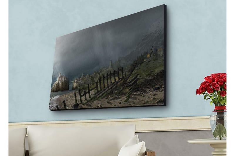 Lærredsbillede med LED-belysning - Dramatisk landskab med stormskyer og en kystlinje, Mørkegrå / Grøn / Brun