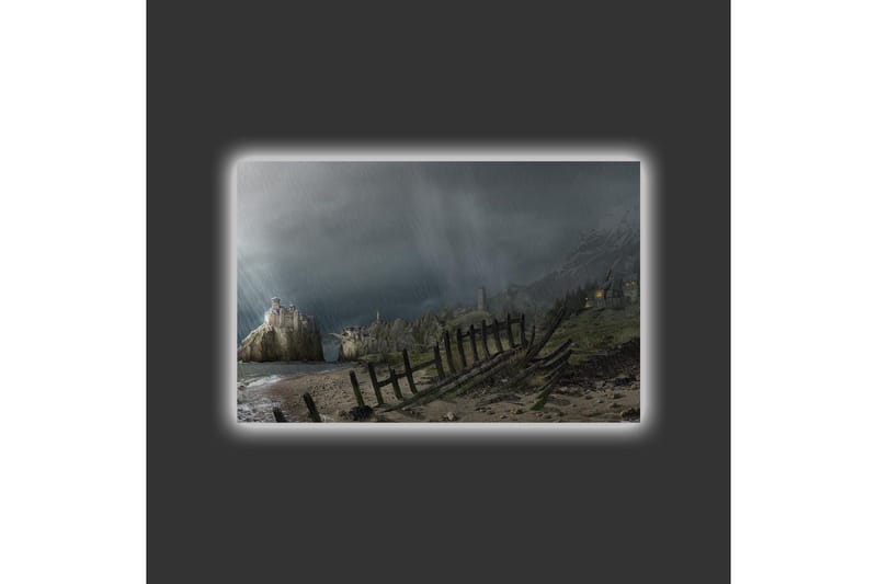 Lærredsbillede med LED-belysning - Dramatisk landskab med stormskyer og en kystlinje - Mørkegrå / Grøn / Brun - Boligtilbehør - Billeder & kunst - Billeder på lærred