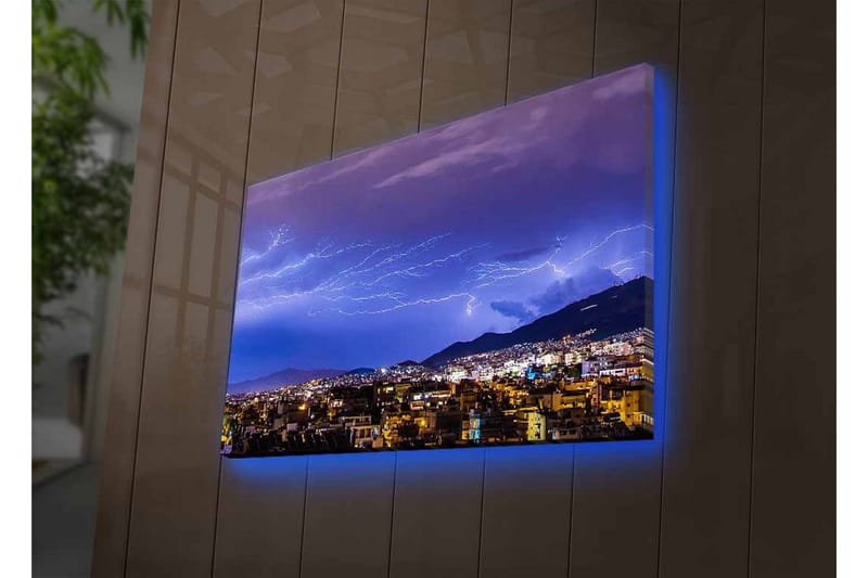 Lærredsbillede med LED-belysning - Dramatisk tordenvejr over en bys skyline - Mørkeblå / Lilla / Hvid - Boligtilbehør - Billeder & kunst - Billeder på lærred