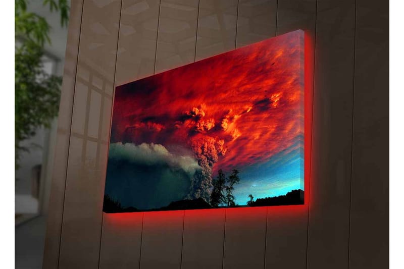 Lærredsbillede med LED-belysning - Dramatisk vulkanudbrud med intense farver på himlen - Rød / Sort / Blå - Boligtilbehør - Billeder & kunst - Billeder på lærred