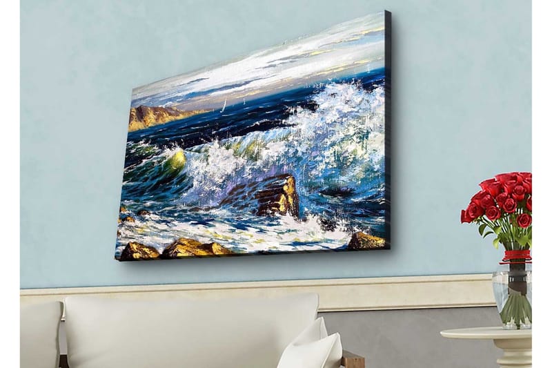 Lærredsbillede med LED-belysning - Dramatiske bølger, der slår mod klipper ved havet - Mørkeblå / Hvid / Grøn - Boligtilbehør - Billeder & kunst - Billeder på lærred