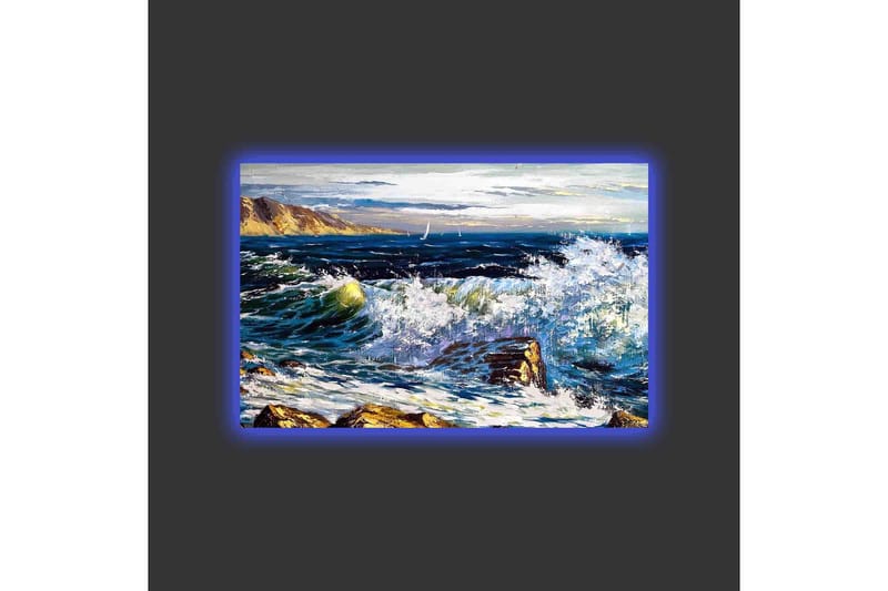 Lærredsbillede med LED-belysning - Dramatiske bølger, der slår mod klipper ved havet - Mørkeblå / Hvid / Grøn - Boligtilbehør - Billeder & kunst - Billeder på lærred