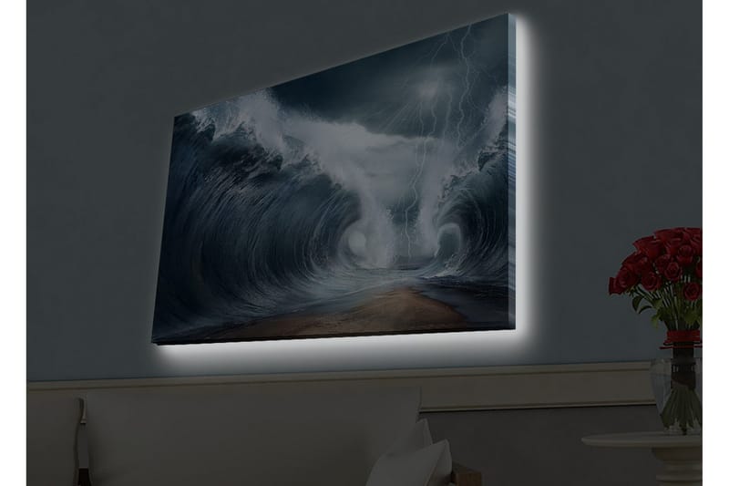 Lærredsbillede med LED-belysning - Dramatiske bølger i stormfuldt hav - Mørkeblå / Grå / Hvid - Boligtilbehør - Billeder & kunst - Billeder på lærred