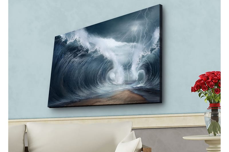Lærredsbillede med LED-belysning - Dramatiske bølger i stormfuldt hav, Mørkeblå / Grå / Hvid