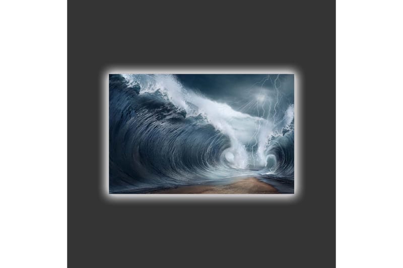 Lærredsbillede med LED-belysning - Dramatiske bølger i stormfuldt hav - Mørkeblå / Grå / Hvid - Boligtilbehør - Billeder & kunst - Billeder på lærred