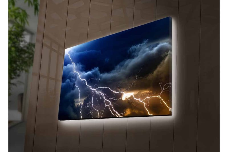 Lærredsbillede med LED-belysning - Dramatiske tordenskyer med lyn, der skærer gennem himlen - Mørkeblå / Grå / Hvid - Boligtilbehør - Billeder & kunst - Billeder på lærred