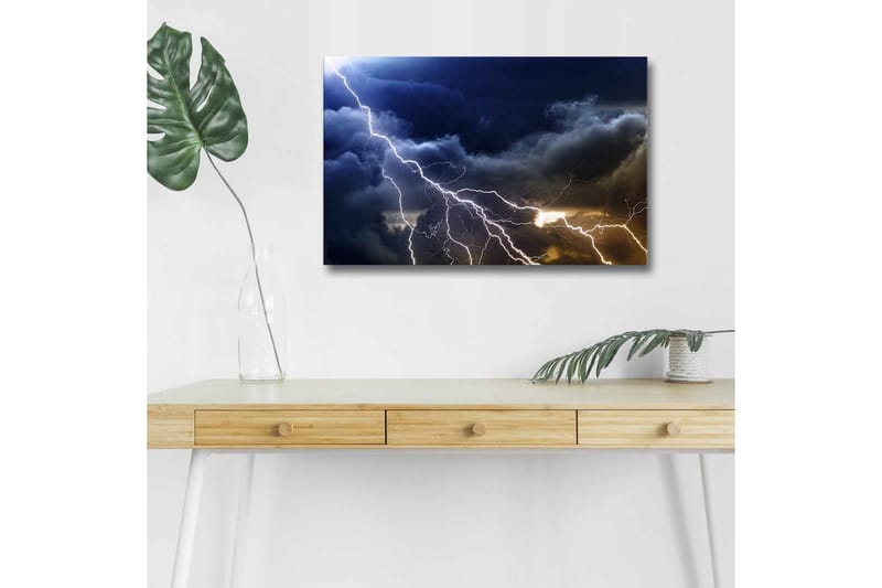 Lærredsbillede med LED-belysning - Dramatiske tordenskyer med lyn, der skærer gennem himlen, Mørkeblå / Grå / Hvid