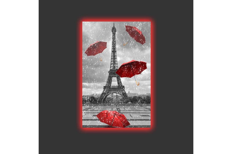 Lærredsbillede med LED-belysning - Eiffeltårnet omgivet af røde paraplyer i regnvejr - Rød / Grå - Boligtilbehør - Billeder & kunst - Billeder på lærred