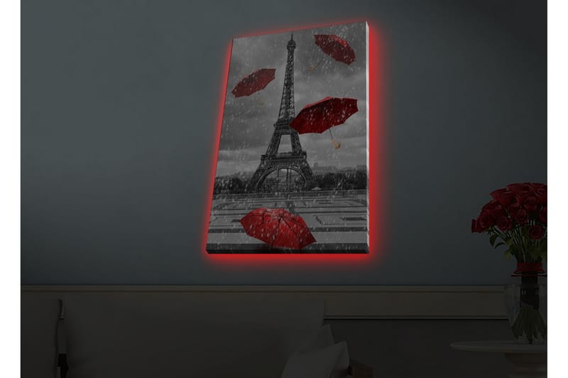 Lærredsbillede med LED-belysning - Eiffeltårnet omgivet af røde paraplyer i regnvejr - Rød / Grå - Boligtilbehør - Billeder & kunst - Billeder på lærred